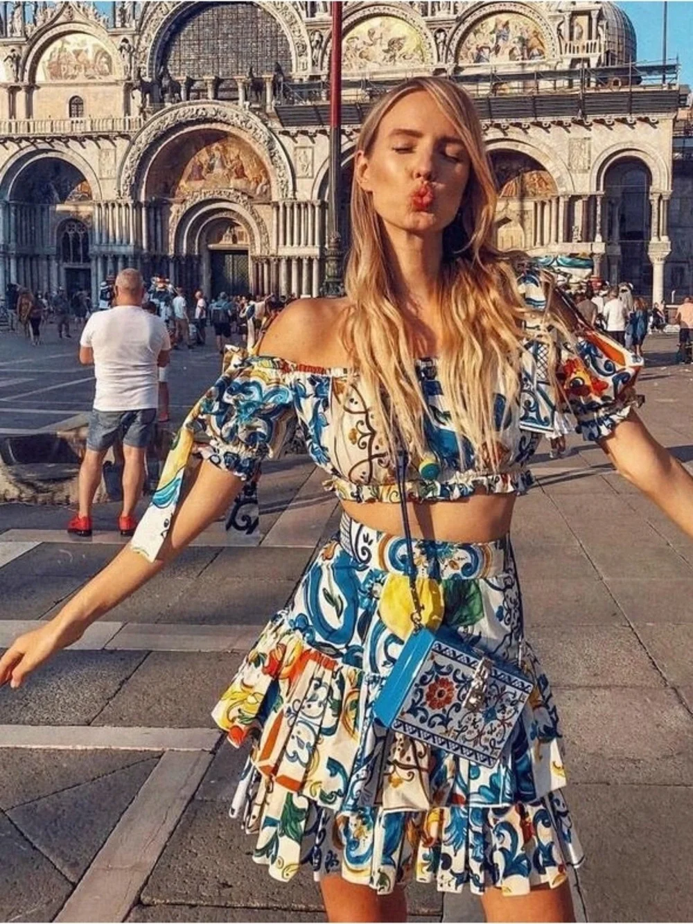 DG inspired Lemon Print Crop Top & Skirt Set - Blue, Yellow, White